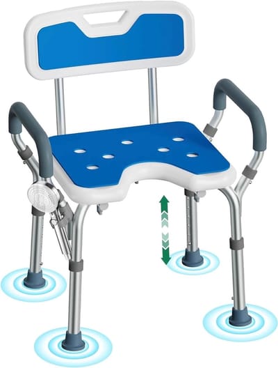 Douchekruk met armen - Zitje voor douche - Veilig douchen - Verstelbare hoogte - 40 cm zitdiepte - Blauw
