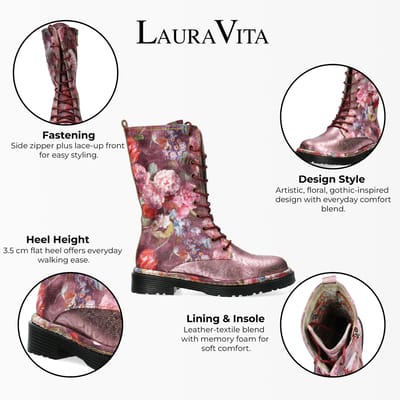 Laura Vita Incaso-18 Burgundy Floral Dames Gothic Victoriaanse Leren Hoge Laarzen