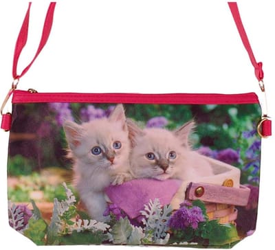Schoudertasje Meisjes - Poesjes in Mand Paars - Rits & Schouderband Roze - 25x15x1-6cm