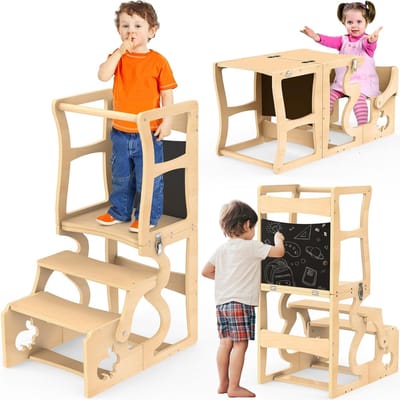 Montessorian Tower voor Kinderen - Vouwbare Leerstoel - Houten Leerplatform - 3-in-1 Kruk voor Kinderen met Bord - Laadcapaciteit 50 kg