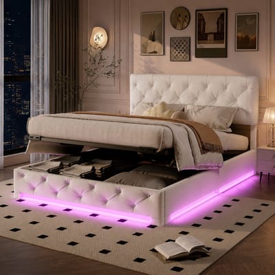 Bedframe 140x190 cm met opbergruimte, 3 ledlampen, gestoffeerd tweepersoonsbed met hoofdbord, bed van 140x190 cm, beddengoed, Beige