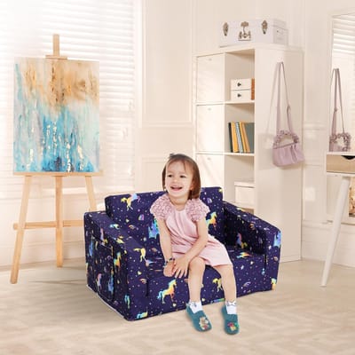 Decalsweet Foldable Children's Sofa Chair, 2-in-1 Flip Open Toddler Bench with Pocket, Children's Sofa for Bedroom Children's Room, Gift for Kids, Iridescent Unicorn