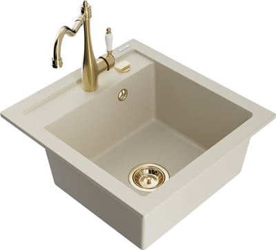 Mexen Vito granieten gootsteen 1-komorige met keukenmengkraan Carla, beige - 6503-69-670700-50