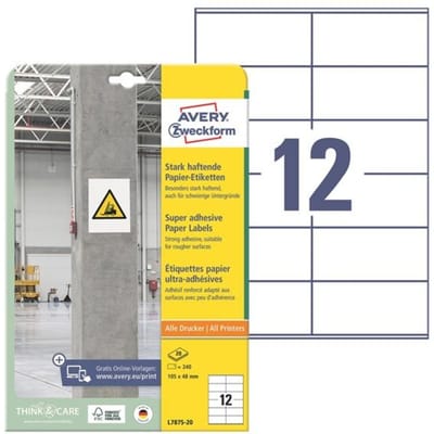 Avery-Zweckform Avery Zweckform L7875-20 sterk hechtende papieretiketten, 105 x 48 mm, 20 vellen/240 etiketten, wit L7875-20 ( 105 x 48 mm, Wit, 240