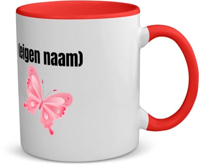 Akyol - roze vlinder met eigen naam koffiemok - theemok - rood - Vlinder - dieren liefhebber - iemand die houdt van vlinders - verjaardag - cadeau - kado - geschenk - 350 ML inhoud