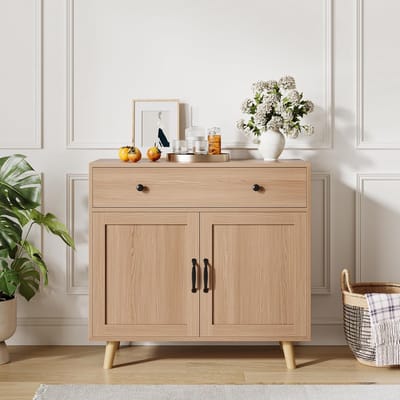 TV-meubel-Opbergkast eiken houtkleur met lade en dubbele deuren- landelijk dressoir met houten poten voor woonkamer en hal-Natuurlijke houtkleur