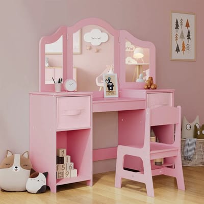 Kinder Make Up Tafel - Make up Tafel voor Kinderen - 2-in-1 Prinsessen Bureau - Kaptafel - Roze - Kaptafel met Afneembare Spiegel