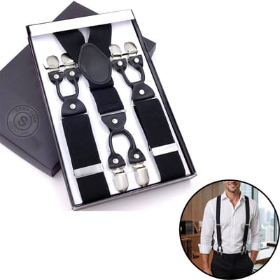 Sorprese - Luxe Chique Bretels - Zwart - Zwart Leer - 6 Stevige Clips - Bretels Heren Volwassenen - Inclusief Cadeaudoos