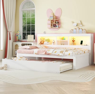 MEUNIQ bedbank 90x200 cm met uitschuifbed, LED-verlichting, opbergvak, stopcontact en USB, wit, zonder matras