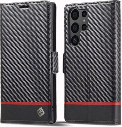 Luxe BookCover Hoes Etui geschikt voor Samsung Galaxy S25 Ultra - Zwart Rood Carbon *V2