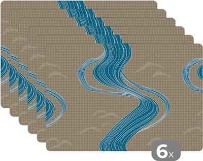 Placemat - Placemats kunststof - Patroon - Berg - Rivier - 45x30 cm - 6 stuks - Hittebestendig - Anti-Slip - Onderlegger - Afneembaar