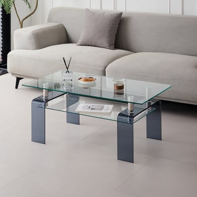 DESMIU Salontafel - Modern Tweelaags Gehard Glas Met Grijze Poten - Voor Woonkamer En Kantoor - Glas - Transparant - 100x55x45 Cm