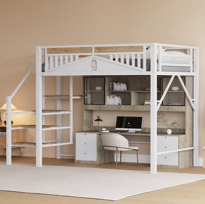 MEUNIQ Hoogslaper 140 x 200 cm met trap, uitvalbeveiliging en opbergruimte onder het bed, metalen bedframe voor slaapkamer of kinderkamer, wit