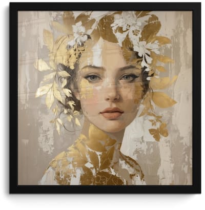 Poster in lijst - Fotolijst 40x40 cm - Posters - Gezicht - Vrouw - Bladeren - Goud - Posterlijst zwart - Decoratie - Wanddecoratie woonkamer - Muurdecoratie slaapkamer