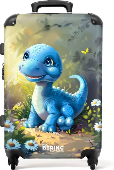 NoBoringSuitcases.com® - Kinderkoffer groot - Kindertrolley koffer - Blauwe dinosaurus omringd door madeliefjes - Rolkoffer lichtgewicht - Reiskoffer met 4 wielen - Grote trolley XL - 20 kg bagage