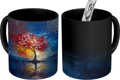 Magische Mok - Foto op Warmte Mokken - Koffiemok - Boom - Blauw - Bladeren - Vakken - Magic Mok - Beker - 350 ML - Theemok