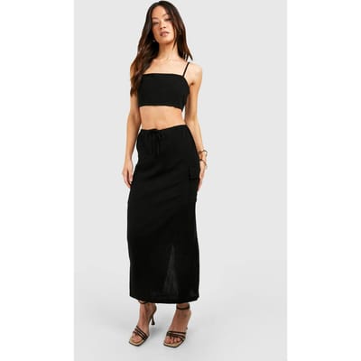 boohoo Dames Hoge Linnenlook Pocket Midaxi-rok | Zwart | Maat: 36