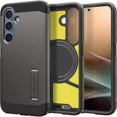 Spigen Tough Armor Hoesje Geschikt voor Samsung Galaxy S25 Plus | Compatibel met MagSafe en Qi2 | Back Cover Militaire Standaard | Kickstand | Gunmetal