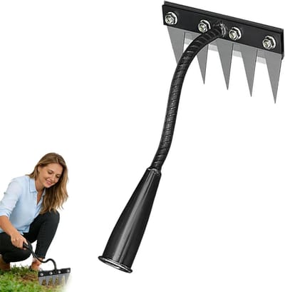 Wieden hark - Onkruidtrekker tuin - Gazon onderhoud - Verstelbare steel - 7 scherpe tanden - Grijs