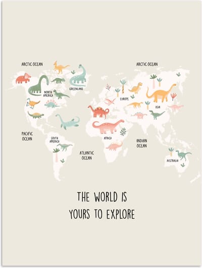 Poster 120x160 cm - Wereldkaart - Dino - Kinderen - Dinosaurus - Posters - Kamer decoratie accessoires - Wanddecoratie kinderkamer - Muurdecoratie babykamer