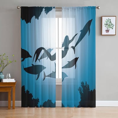 Écailles de Sirène Arc-en-ciel Océanique Voilages Transparentes en Mousseline pour Salon Chambre Décoration de Maison Voilages Fenêtre Rideau en Tulle 1 PCS W100XH250cm&Grommet Top blue