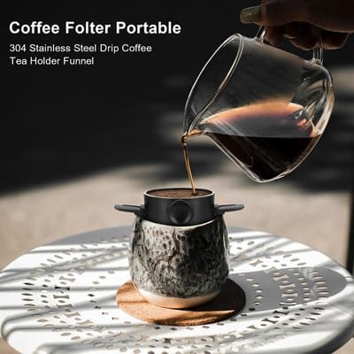 Opvouwbare Draagbare Handgezette Koffie Druppelaar Kegel, voor Filterkoffie en Thee met RVS Houder, Zonder Filterpapier zwart