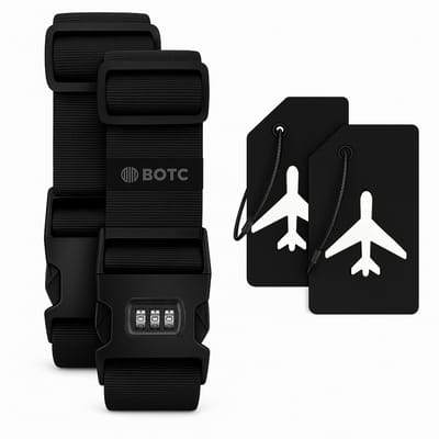 BOTC Kofferriem met Cijfer Slot - 4 stuks - 2 Kofferriem met cijferslot + 2 bagagelabels - 200 cm * 5 cm - Bagage Riem - Bagageband - Verstelbaar - Zwart