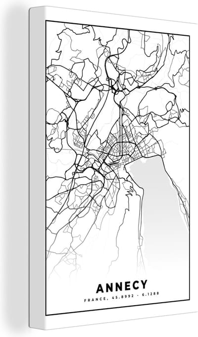 Canvas Schilderij Stadskaart - Annecy - Plattegrond - Kaart - Frankrijk - Zwart wit - 20x30 cm - Wanddecoratie