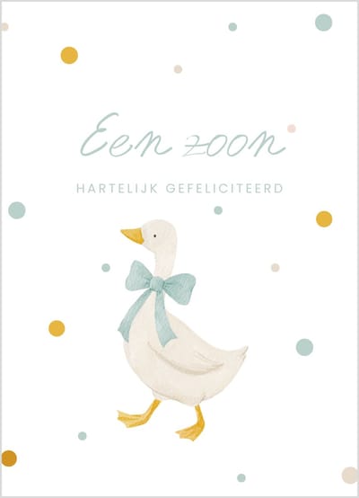 Wenskaart een zoon, hartelijk gefeliciteerd met gansje met blauwe strik – 10x15 cm – geboortekaart jongen – 400 grams papier – inclusief kraft envelop