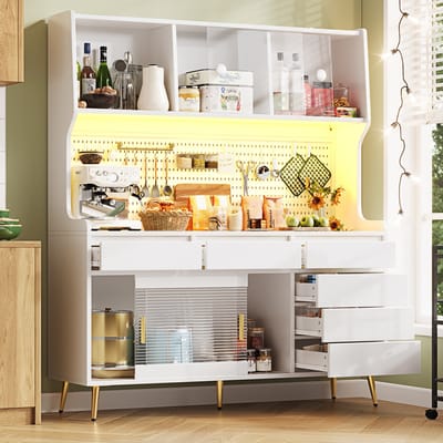 Moderne hoge kast 145x39x171 cm - met LED-verlichting en app-bediening - kast met lades - met opbergplanken en perforatieplaat - wit
