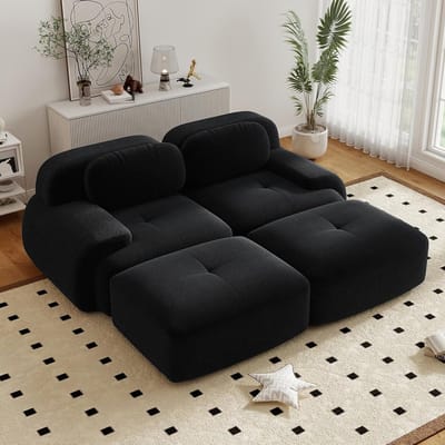 Converteerbare Hoekbank met Voetenbank, Moderne 208 cm Brede, U-vormige Modulaire Corduroy Bank, Compacte Bank voor 2-4 Personen voor de Woonkamer, Extra Diepe Zitting, Geen Montage Nodig-Zwart