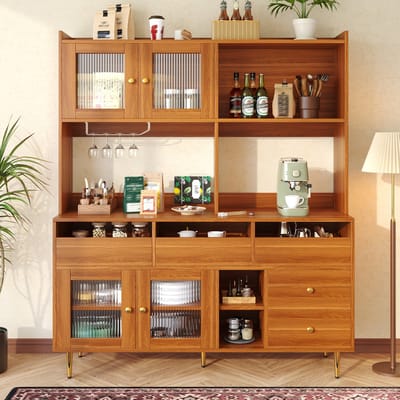 REDOM - Dressoir met vitrinedeur - MDF constructie - Meerdere opbergvakken - Met wijnrek - Moderne stijl - Eetkamer - Walnootbruin - 145 x 39 x 171 cm