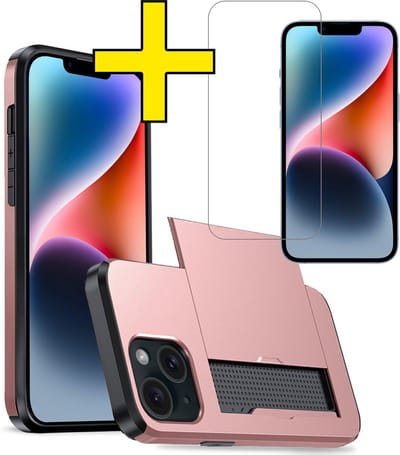 Hoesje Geschikt voor iPhone 14 Hoesje Case Pashouder Hard Cover Met Screenprotector - Hoes Geschikt voor iPhone 14 Hoesje Met Kaarthouder - Rosé goud