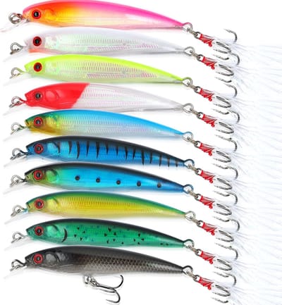Vislokmiddelen, visgerei, minnow-aas, twitching baits, swim baits, minnow-aassets, oppervlakte-aas, baars, forel, snoek, twitching baits, plugs voor het vissen op meerval, zoetwater