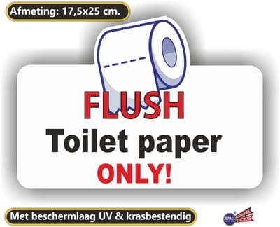 Jerma - WC - Sticker - Flush only toilet paper decal - 17x25cm - Zelfklevend - Weerbestendig - Vinyl