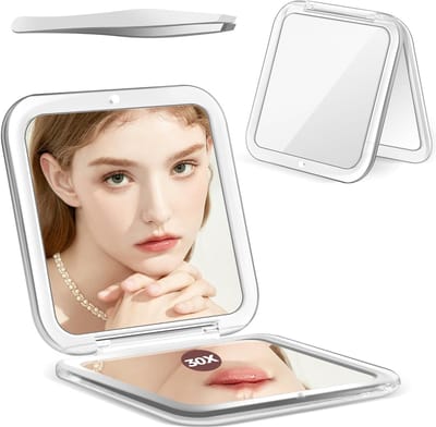 Compacte spiegel - 30x vergrotende spiegel - zakspiegel voor in de handtas - reismake-upspiegel met 30x/1x vergroting - onmisbare reisspiegels - precisiepincet, cadeau voor meisjes - wit