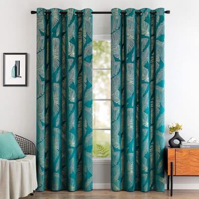 Allecto - Fluwelen gordijnen - Verduisterend - Turquoise - Goudfolie-bladerpatroon - Perfect voor woonkamer en slaapkamer