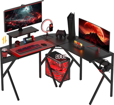 Gamingbureau, hoekbureau, 125 x 125 cm L-vormig gamingbureau met blad van koolstofvezel, monitorstandaard, bekerhouder en hoofdtelefoonhaak, zwart