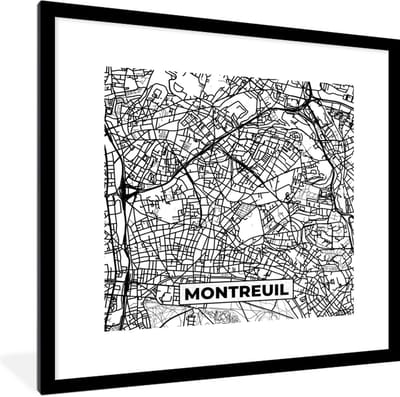 Fotolijst incl. Poster Zwart Wit- Stadskaart - Plattegrond - Montreuil - Kaart - Frankrijk - Zwart wit - 40x40 cm - Posterlijst