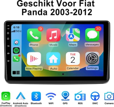 Junsun Autoradio - Geschikt Voor Fiat Panda 2003-2012 Accessoires- Android 15 - Draadloos CarPlay & Android Auto - 9 inch HD Touchscreen - Bluetooth -GPS-navigatiesysteem, 4GB+64GB, WIFI & FM & RDS & DSP, Stuurwielbediening, DAB+, Octa-core processor