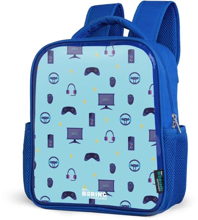 NoBoringSuitcases.com® - Rugzak blauw - Schooltas jongens - Gamer patroon met spelaccessoires op blauw - Kinder rugtas jongen - Boekentas kind - Kinderrugzak voor school - Schoolrugzak