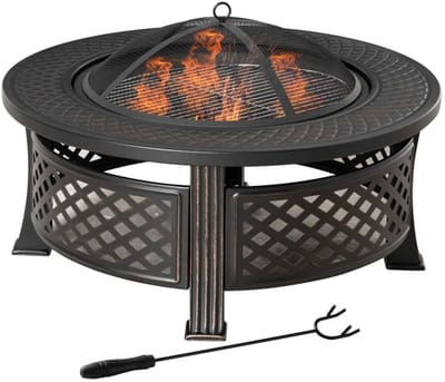 Vuurschaal - Ronde Vuurkorf - Vuurtafel - met Vonkenscherm, Pook - voor Buiten, BBQ, Camping - Tuin en Terras- Staal - Ø 81 x 50 cm - Zwart