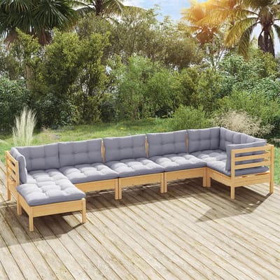 vidaXL - 7-delige - Loungeset - met - grijze - kussens - massief - grenenhout