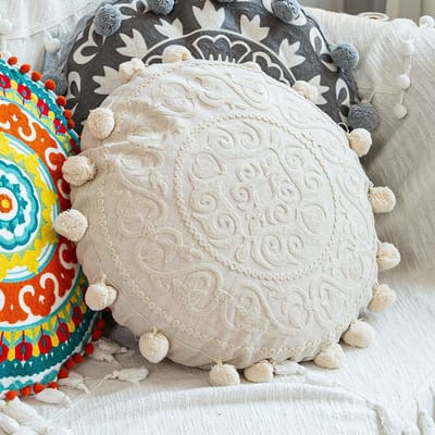 Coussin rond ethnique marocain brodé à la main Décoration de canapé salon Style indien sud-asiatique Housse de coussin pour fenêtre en baie diameter 45cm