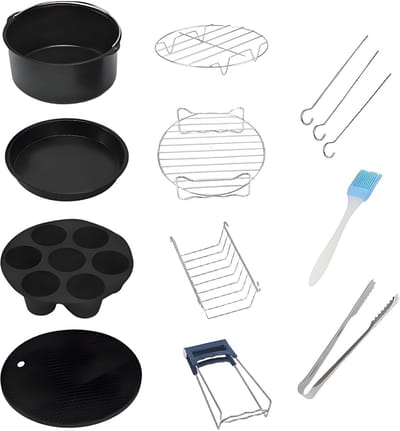 Dailygoods- Heteluchtfriteuse Accessoires 13-delig - Bakvorm met Greep - Siliconen Pad - Ronde/Vierkante Grill - Borstel/Clip - Hittebestendig Roestvrij Staal - Airfryer Accessoires