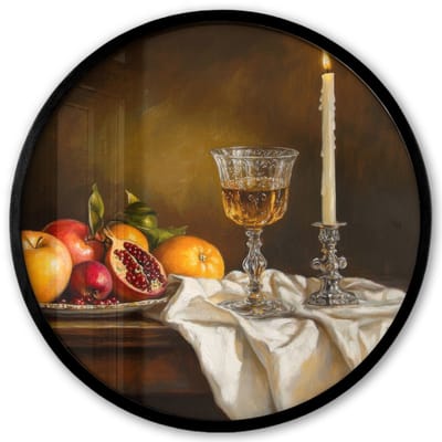 Poster in lijst Rond - Fotolijst 40x40 cm - Posters - Fruit - Stilleven - Wijn - Kaars - Ronde posterlijst zwart - Decoratie - Wanddecoratie woonkamer - Muurdecoratie slaapkamer