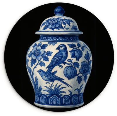 WallCircle® Wandcirkel 120x120 cm - Muurcirkel Pot - Delfts Blauw - Bloemen - Muurdecoratie woonkamer - Wanddecoratie slaapkamer - Kamer decoratie accessoires - Ronde schilderijen XXL