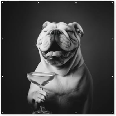 Tuinposter 200x200 cm - Tuindecoratie Buldog - Hond - Glas - Poster voor in de tuin - Buiten decoratie - Schutting tuinschilderij - Tuindoek muurdecoratie - Wanddecoratie balkondoek