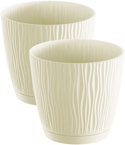 Prosperplast Plantenpot/bloempot Waves - 4x stuks - kunststof - creme wit - D13 x H12 cm - binnen/buiten - met opvangschaal