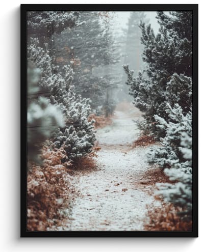 Poster in lijst - Fotolijst 50x70 cm - Posters - Bos - Winter - Bomen - Natuur - Pad - Sneeuw - Posterlijst zwart - Decoratie - Wanddecoratie woonkamer - Muurdecoratie slaapkamer